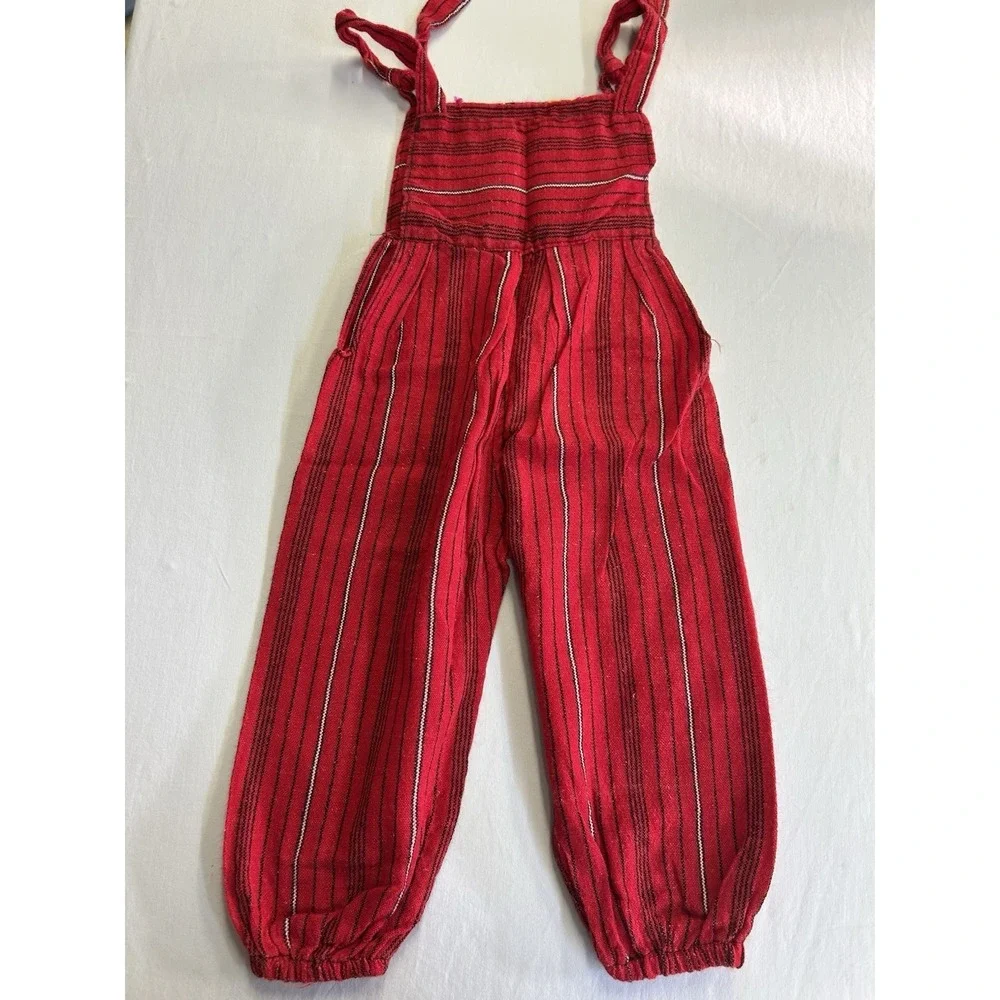 Vintage Guatemalan Toddler Woven Overalls Red Embroidered Romper 2T 3T Boho